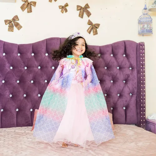 Vista 5 de Fedio Juego de capa de princesa de 7 piezas para niñas con corona de tiara, varita para niñas pequeñas (sirena)