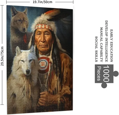 Vista 2 de Rompecabezas para adultos de 1000 piezas rompecabezas sentado lobo perro nativo americano indio tradicional formación de tienda de campaña de madera