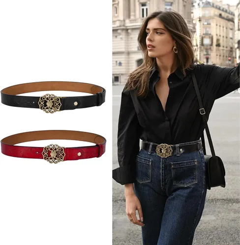 Vista 207 de Cinturón de cuero clásico con hebilla de metal para mujer con vestido de jeans