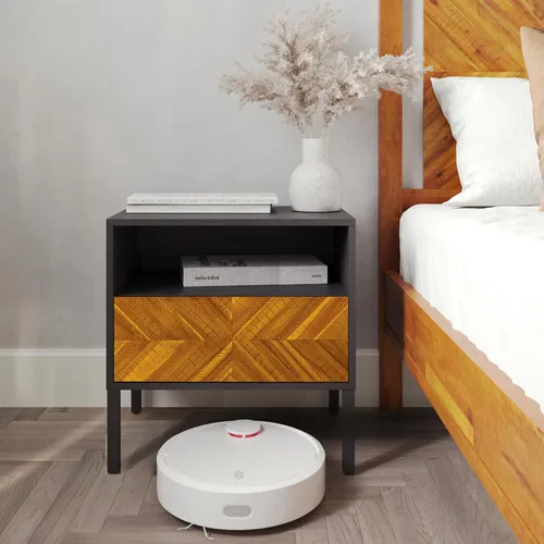 Vista 13 de Bme Vivian Mesas auxiliares para dormitorio, mesa de noche de madera maciza, mesa auxiliar moderna de mediados de siglo con cajón, patrón de espiga