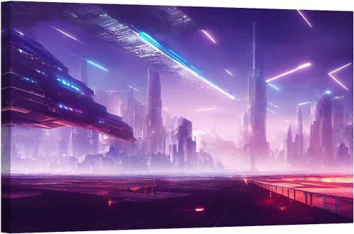 Vista 7 de LSIUHWUWI Future City Concept - Cuadro decorativo moderno para pared, impresión sobre lienzo Cyberpunk City Neon Streetview por la noche