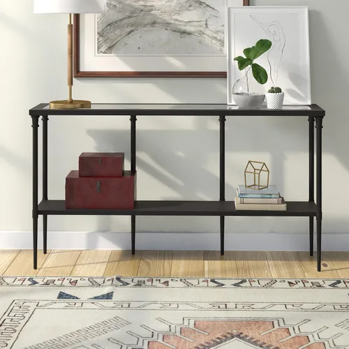 Vista 7 de Nellie - Mesa consola rectangular de 55 pulgadas de ancho con estante de metal en bronce ennegrecido Two-tier design with glass top adds stylish