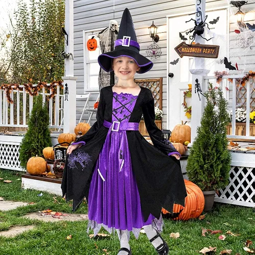 Vista 6 de Disfraz de bruja para niñas, fiesta de Halloween, conjunto de lujo con falda de sombrero para niñas