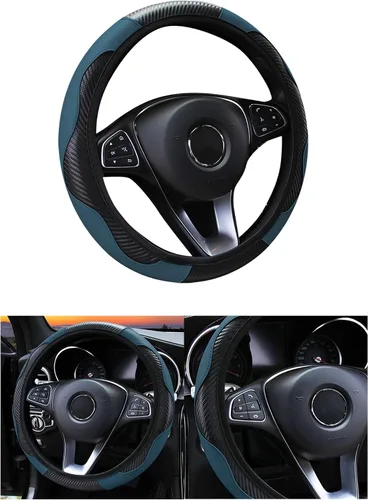Vista 9 de Funda de volante de coche, 38 cm, de fibra de carbono, de microfibra, de PU, de cuero elástico, protector de volante antideslizante y transpirable
