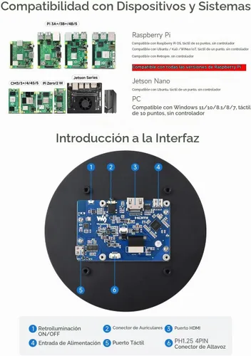 Vista 4 de waveshare Pantalla táctil redonda HDMI de 5 pulgadas, resolución de 1080 × 1080, IPS, táctil de 10 puntos, compatible con Raspberry Pi