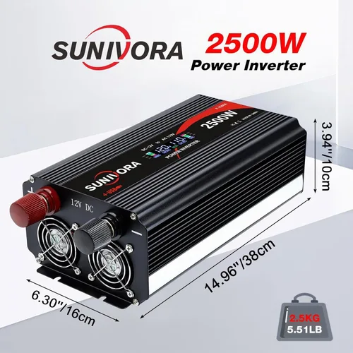 Vista 6 de Inversor de corriente de 2500 vatios de 12 V a 110 V/120 V CC a CA, pico de 5000 W, con control remoto y LCD, 4 salidas de CA y 4 puertos USB