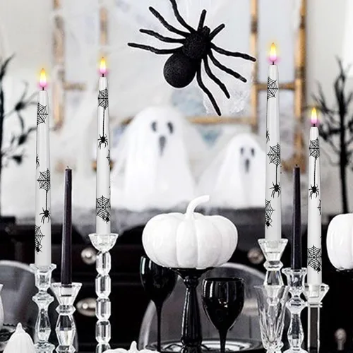 Vista 7 de Wondise Velas cónicas sin llama de Halloween con control remoto y temporizador, paquete de 4 velas LED parpadeantes de cera real con pilas de araña