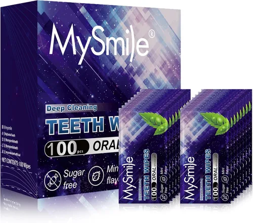 Vista 9 de MySmile 100 piezas de toallitas de dientes, cepillo de dedos de limpieza profunda, cepillo oral para limpieza de dientes, sabor a menta