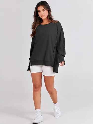 Vista 6 de ANRABESS Sudadera de gran tamaño para mujer, cuello redondo, manga larga, casual, con abertura, sin botones, ropa de otoño