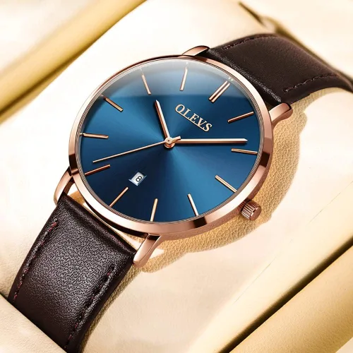 Vista 4 de OLEVS Reloj para hombre de lujo ligero de cuero impermeable con movimiento japonés para hombre con fecha calendario minimalista ultrafino clásico