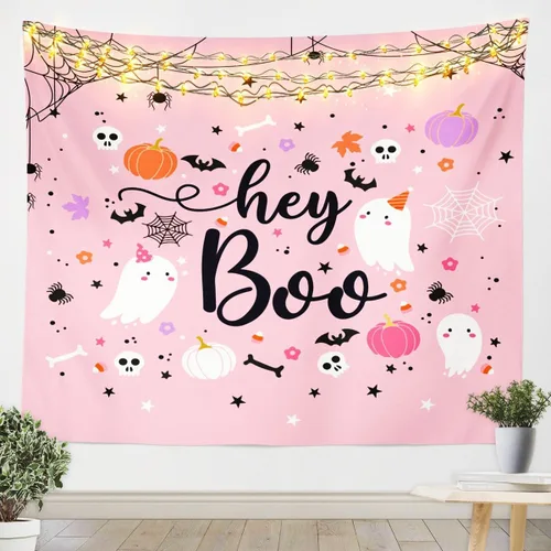 Vista 4 de Manfei Bonito tapiz de gnomos para colgar en la pared con temática de Halloween para decoración de habitación de niños y niños, tela de araña negra
