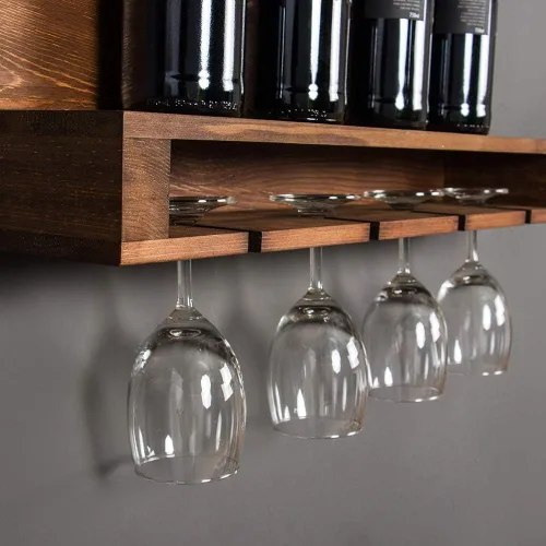 Vista 5 de Estantes de vino industriales montados en la pared con soporte de vidrio de vástago, accesorios de vino colgantes de metal para vino