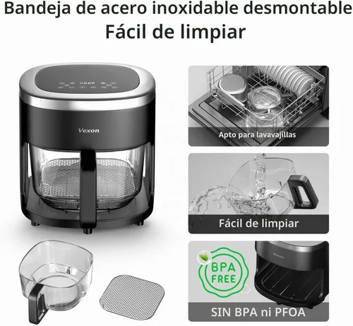 Vista 5 de Vexon Freidora de Aire de Vidrio 6 en 1, Freidora de Aire de 4.5QT con Olla de Vidrio para Visualización, Freír al Aire, Asar, Recalentar