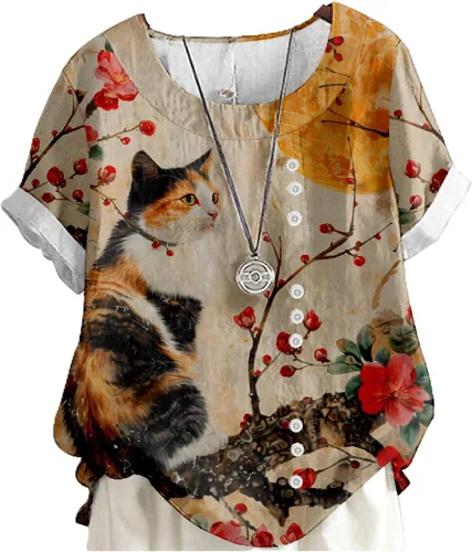 Vista 11 de domirica Flower Bird Printed Loose Boho Shirts Women Plus Size Summer Crew Neck Short Sleeve Blouses Colorido