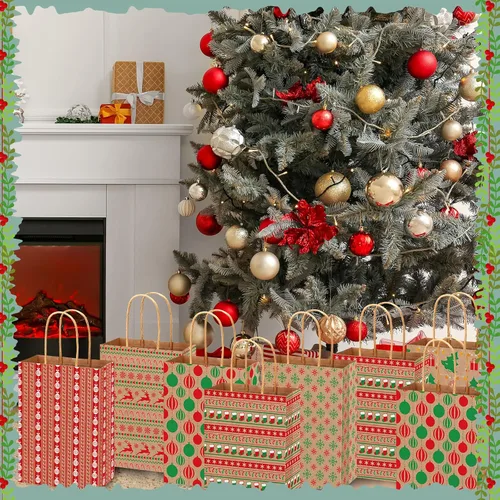 Vista 6 de Fulmoon Juego de 48 bolsas de regalo de papel kraft de Navidad a granel, bolsas de regalo de papel surtido con asa, vacaciones para regalos