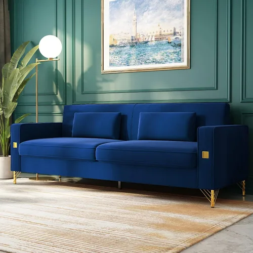 Vista 8 de Sofá Chesterfield de terciopelo de 85 pulgadas, moderno de mediados de siglo, cómodo sofá con almohadas para sala de estar, dormitorio, muebles