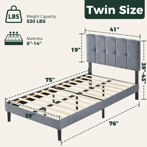 Vista 2 de Base de cama individual con cabecera de tela tapizada, fácil montaje, soporte de listones de madera, cabecera ajustable, no necesita somier, sin