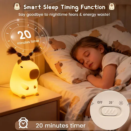 Vista 3 de Linda luz nocturna de capybara con peinado DIY, lámpara de silicona esponjosa, luz nocturna para habitación infantil, lámpara de mesita recargable