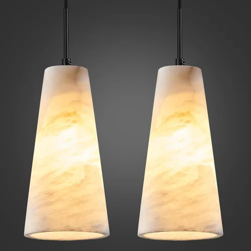 Vista 14 de Luces colgantes de alabastro natural, isla de cocina, pantalla cónica de mármol blanco, modernas lámparas de techo negras para mesa de comedor, sala