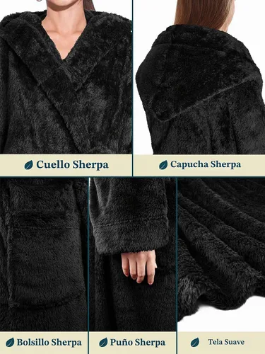 Vista 4 de PAVILIA Bata suave de felpa con capucha para mujer Bata de baño mullida y cálida de forro polar Sherpa 260 GSM Cozy Sherpa Fleece, Super Soft On