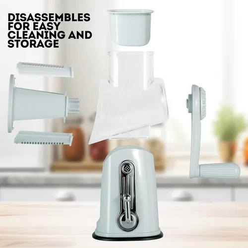 Vista 4 de Rallador de queso giratorio 5 en 1 con asa, cuchillas de acero inoxidable, cortador de verduras, triturador, rallador de zanahorias y repollo