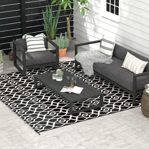 Vista 45 de Outsunny Alfombra de exterior para patio impermeable 9' x 18' rombo negro y Borde rombo negro y gris