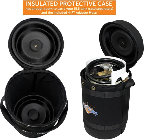 Vista 6 de Flame King Kit de transportador de gas – Funda de transporte protectora aislada para tanque de propano de 5 libras más manguera adaptadora