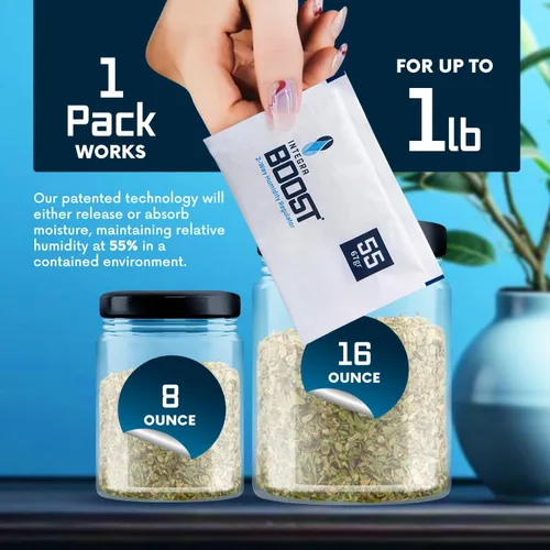 Vista 3 de Integra Boost - Nivel de humedad del 55% - Tamaño de 2.36 oz - Paquete de control de humedad bidireccional - Incluye tarjetas indicadoras
