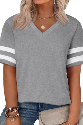 Vista 29 de Eytino Blusas de talla grande para mujer, cuello en V, manga corta, a rayas, casual, holgada, con bolsillo (1X-5X)