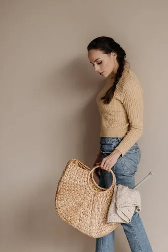 Vista 3 de EROUGE - Bolsa de paja tejida a mano con asa redonda para verano, estilo retro, para la playa, tejida