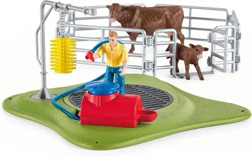 Vista 5 de Schleich Farm World, juguetes de animales de granja para niños, Happy Cow Wash con juguetes de vaca y área de lavado de trabajo, juego de 16 piezas