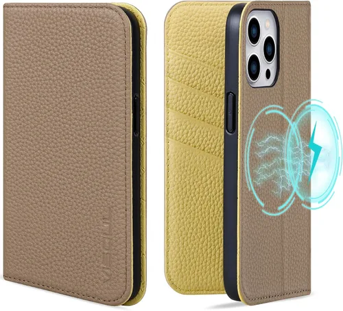 Vista 13 de VISOUL Pebbled - Funda de piel auténtica para iPhone 15 Pro Max con tarjetero y función atril magnético para iPhone 15 Pro Max (6.7 pulgadas)