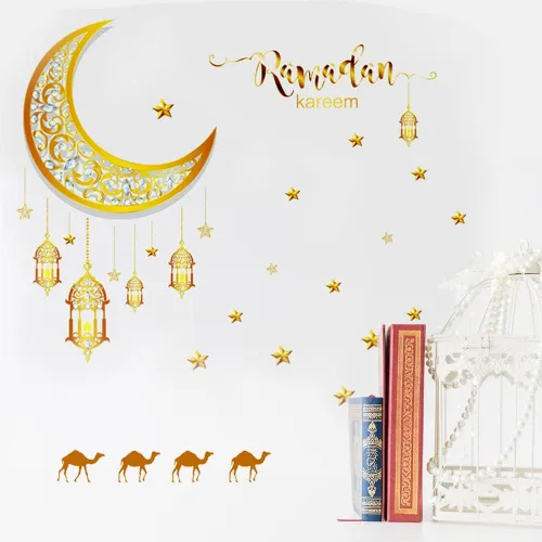 Vista 6 de Estivaux Eid Mubarak - Juego de calcomanías para decoración de pared, Ramadán, luna, estrellas, farol, ventana, islámico, musulmán, calcomanías