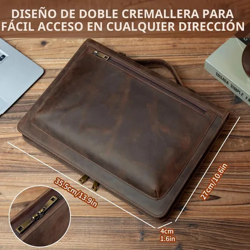 Vista 2 de YIWEN Leather Portfolio with Handle, Zippered Front Pocket and Clip Caqui oscuro