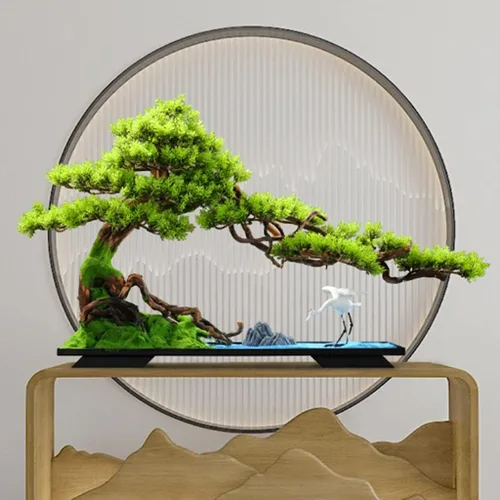 Vista 4 de TOMYEUS Árboles artificiales para interiores, árbol de bonsái artificial, grúa de cerámica blanca, rocalla de cerámica y arena fina azul, decoración
