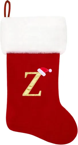Vista 202 de Calcetines de Navidad bordados de 20 pulgadas con monograma, terciopelo negro con puño de felpa blanca supersuave, adornos clásicos para decoración