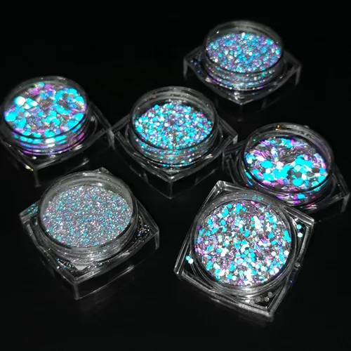 Vista 4 de 6 colores para arte de uñas Gliiter holográfico en copos de uñas para arte de uñas, polvo de uñas reflectante con purpurina para mujeres y niñas