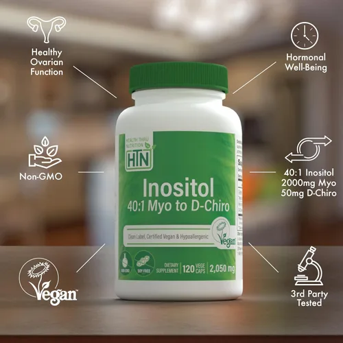Vista 4 de Health Thru Nutrition Suplemento de inositol 40:1 mio-inositol a D-quiro-inositol relación 2050mg por porción 120 cápsulas Certificado vegano