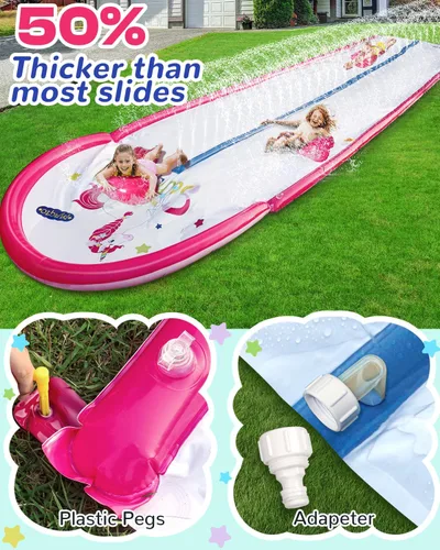 Vista 4 de Tobogán acuático y tobogán acuático de 22 pies con 2 tablas inflables, tobogán de agua rosa con aspersor para patio trasero de niños, juguetes