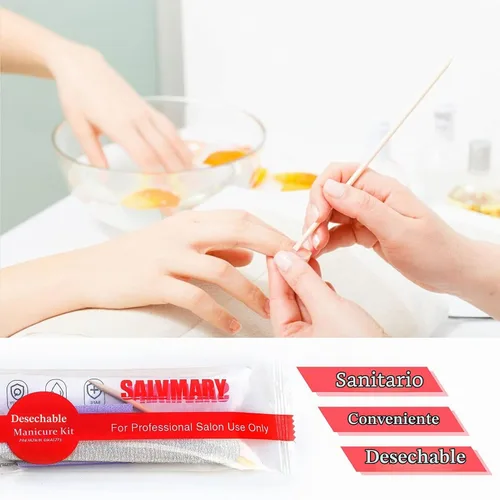 Vista 5 de Kit básico profesional desechable para manicura de 3 piezas, lima de uñas de madera grano 100/180, mini pulidor grano 80/100, palo de madera, juego