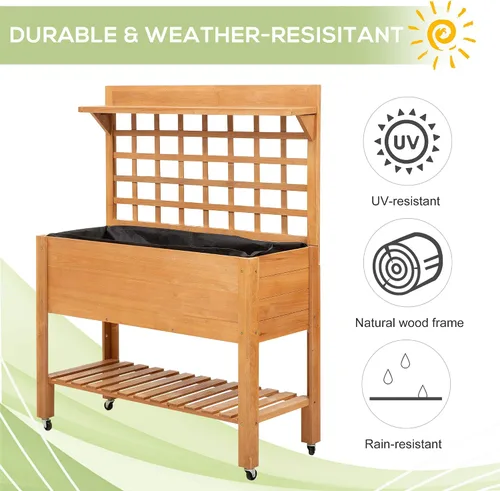 Vista 4 de Outsunny Cama de jardín elevada de 41 pulgadas con enrejado sobre ruedas, maceta elevada de madera con patas y forro de cama, para flores, hierbas