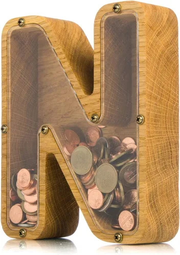 Vista 11 de Alcancía de madera personalizada con letra para niños, niñas y adultos, bancos de monedas de madera de roble duradero, 3 tamaños para elegir