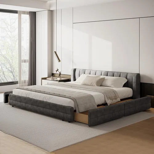 Vista 20 de Marco de cama tamaño Queen con cabecero suave tipo nube, base de cama de madera con tapizado de chenilla, no necesita somier - Beige Marco de cama