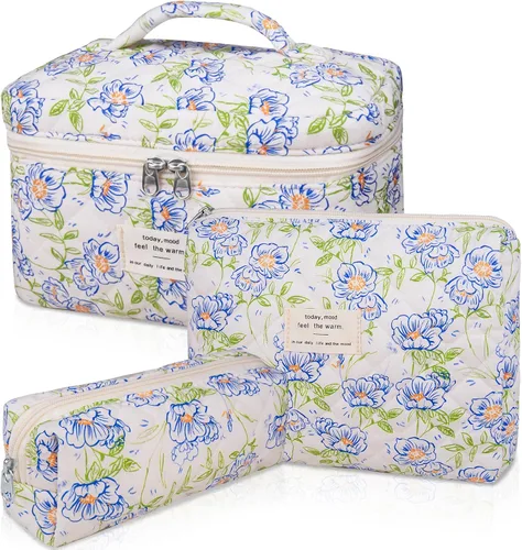 Vista 27 de Juego de bolsas de maquillaje, bolsa de maquillaje acolchada, bolsa grande para cosméticos florales para mujer, bonitas bolsas de maquillaje