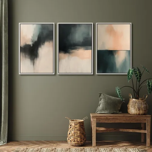 Vista 351 de SIGNFORD - Set de obras de arte en lienzo enmarcado para pared, ilustraciones abstractas de neblina del desierto en tonos neutros beige y marrón