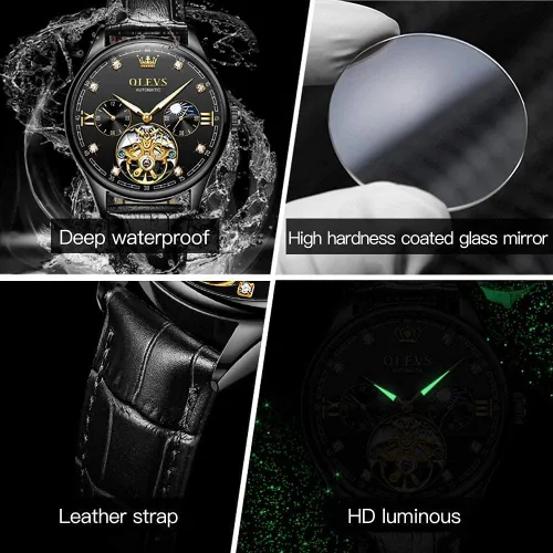 Vista 6 de OLEVS Reloj Tourbillon automático de viento automático mecánico clásico impermeable luminoso correa de cuero