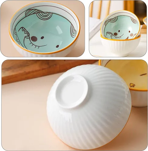 Vista 3 de Juego de 4 cuencos de cerámica pintados a mano con patrón de dibujos animados con caja de regalo, ideal para cereales, ensaladas, arroz, pasta