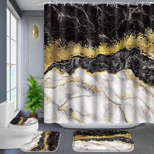 Vista 19 de Poedist Juego de 4 cortinas de ducha de baño, juegos de baño con alfombras (tapete de baño, forma de U y tapa de inodoro) y 12 ganchos, mármol