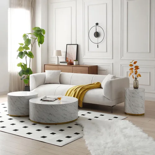 Vista 5 de Mesa auxiliar con borde dorado inferior para sala de estar, moderna mesa de centro redonda dorada o mesa auxiliar, mesa de sofá circular