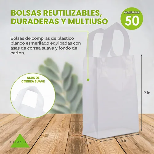 Vista 4 de Prime Line Packaging Bolsas de regalo de plástico, bolsas de regalo transparentes con asas, bolsas de compras de plástico blanco esmerilado